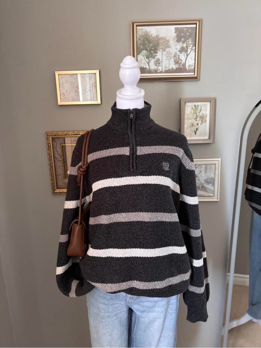 Chaps 90s Inspired Striped Half-Zip Sweater in Charcoal, Gray & White
